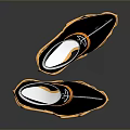 Black White Collar Boots with Gold Hollow Heel and Orange Decorative Stripes for Daily Living