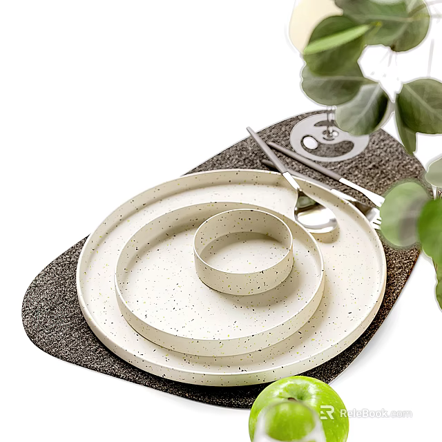 Minimalist Speckled Tableware Set With Plates Bowls And Cutlery On Mat 3d model 