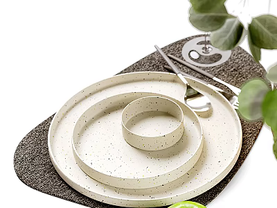 Minimalist Speckled Tableware Set With Plates Bowls And Cutlery On Mat 3d model
