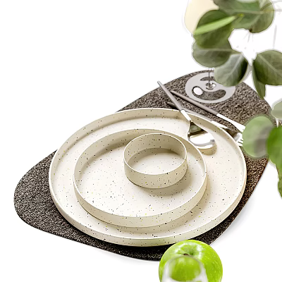 Minimalist Speckled Tableware Set With Plates Bowls And Cutlery On Mat 3d model