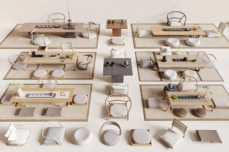Various Wooden Tea Table And Chair Sets With Soft Cushions And Tea Sets 3d model 