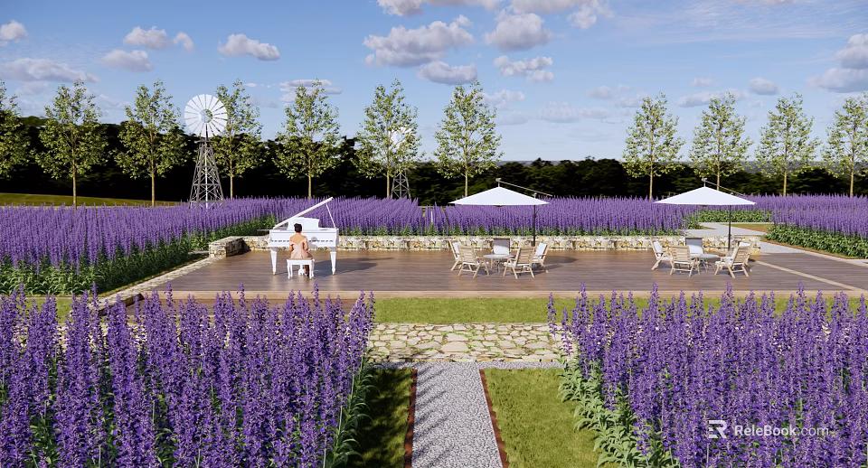 Park Landscape Featuring Lavender Field White Piano White Umbrella Tables Windmill Trees Under Cloudy Sky 3d model 