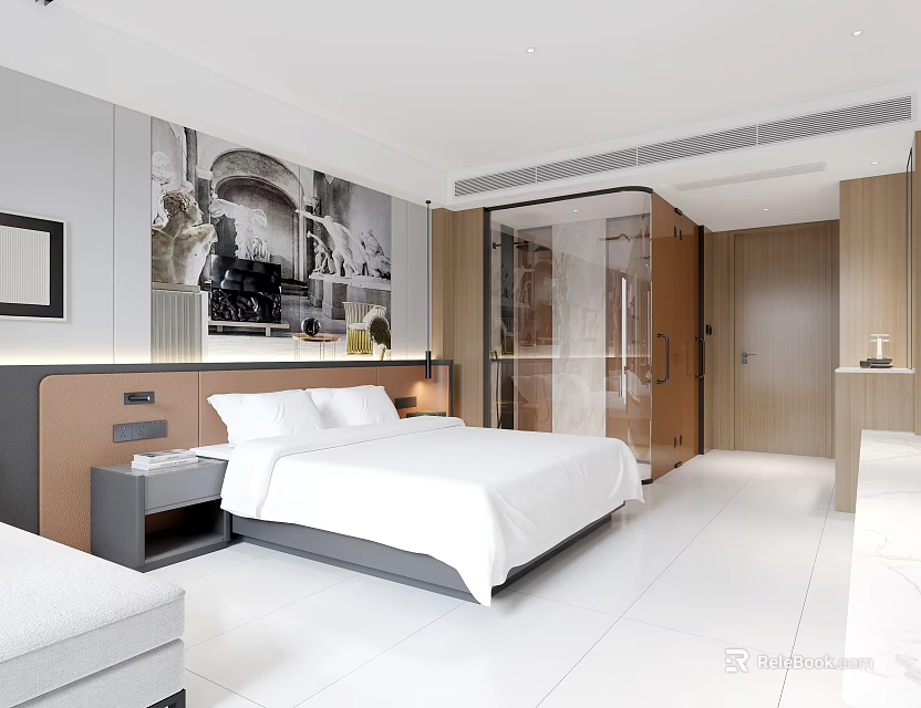 Modern Hotel Guest Room Featuring White Bed Decorative Painting And Open Bathroom With Glass Partition 3d model 