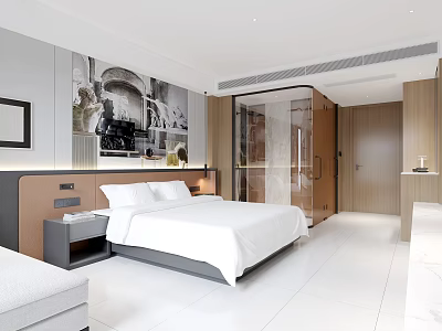 Modern Hotel Guest Room Featuring White Bed Decorative Painting And Open Bathroom With Glass Partition 3d model