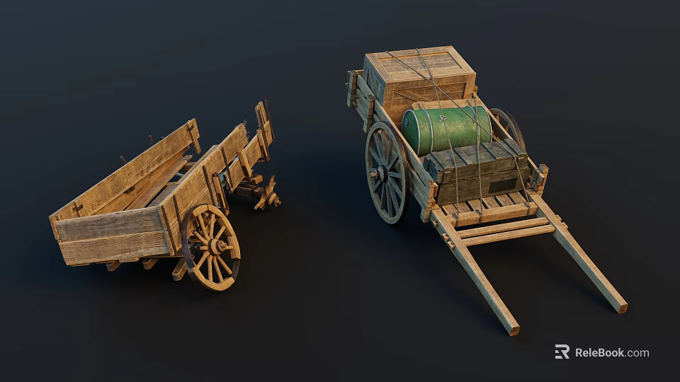 Two Wooden Carts One Empty and One Loaded with Wooden Crates Green Barrel 3d model 