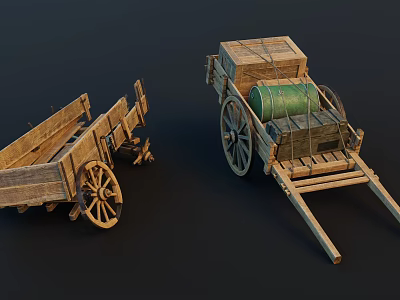 Two Wooden Carts One Empty and One Loaded with Wooden Crates Green Barrel 3d model