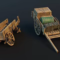 Two Wooden Carts One Empty and One Loaded with Wooden Crates Green Barrel