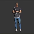 Man Standing With Smartphone Wearing Gray T-Shirt Blue Jeans White Sneakers
