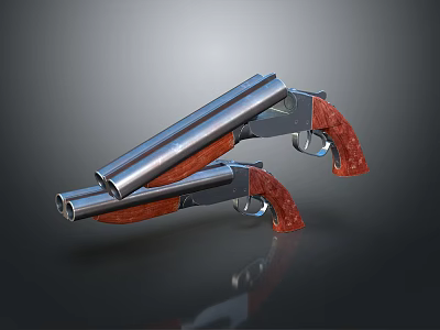 Two Revolvers with Silver Metal Barrel and Red Wooden Grip on Dark Background 3d model Two Revolvers with Silver Metal Barrel and Red Wooden Grip on Dark Background 3d model