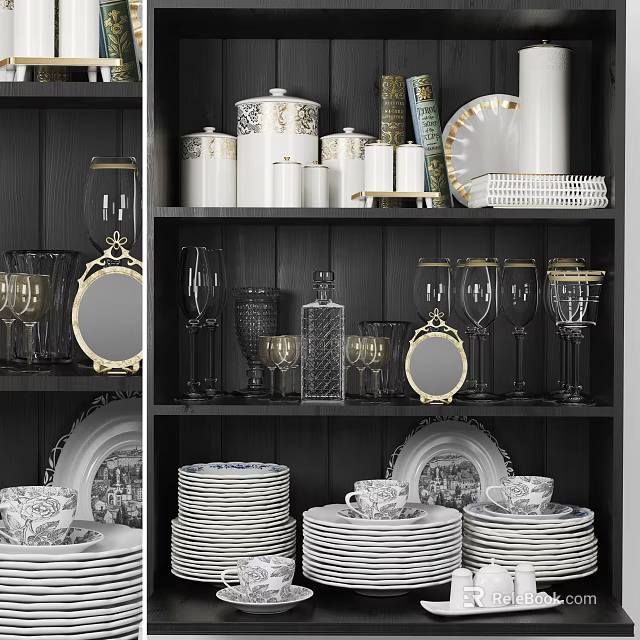 Elegant Modern Dinnerware Set With Plates Cups Glassware And Storage Jars On Shelves 3d model 