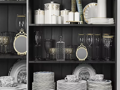 Elegant Modern Dinnerware Set With Plates Cups Glassware And Storage Jars On Shelves 3d model