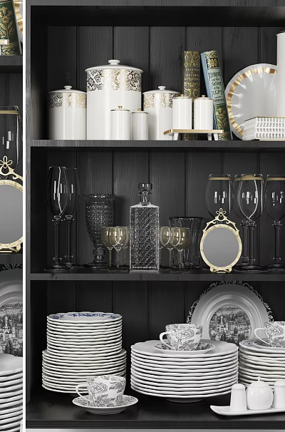Elegant Modern Dinnerware Set With Plates Cups Glassware And Storage Jars On Shelves 3d model