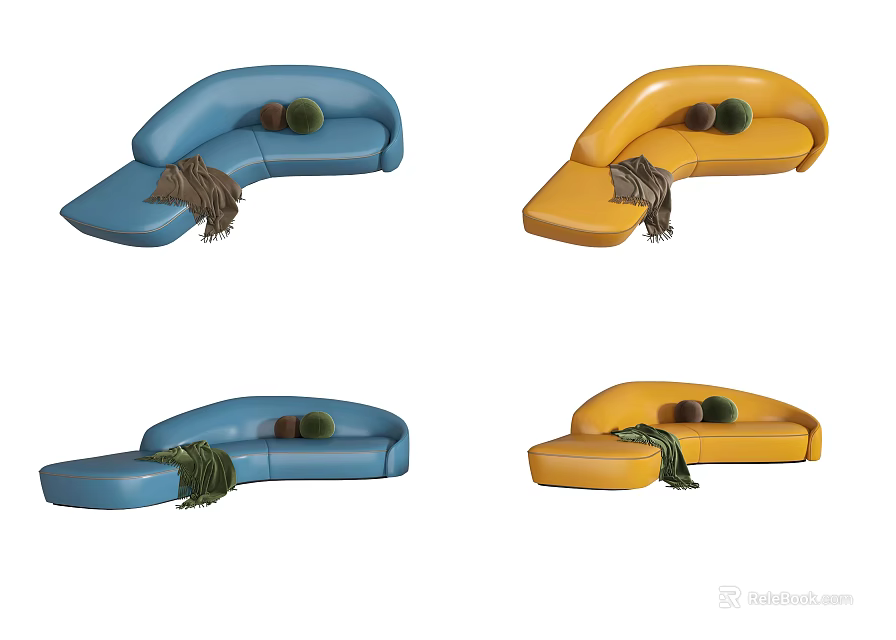 Blue and Yellow Curved Sectional Sofa Set with Soft Cushions and Blankets 3d model 