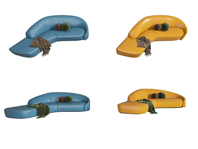 Blue and Yellow Curved Sectional Sofa Set with Soft Cushions and Blankets 3d model