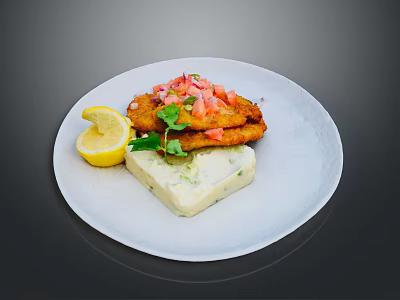 Crispy Fried Fillet Topped with Fresh Tomato Salsa Cilantro Creamy Mashed Potatoes and Lemon Wedge 3d model