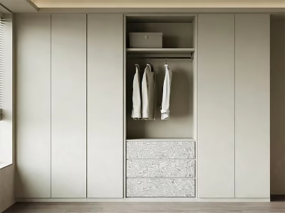 Light Colored Modern Wardrobe with Sleek Doors Hanging Area and Marble Drawers 3d model