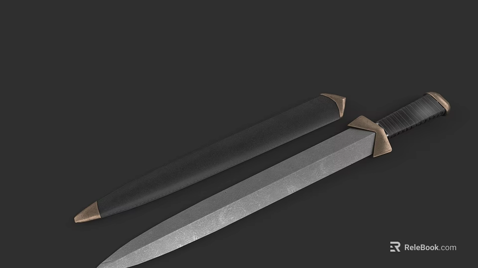 Traditional Handmade Sword With Sharp Metallic Blade Black Scabbard And Brass Fittings 3d model 