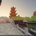 Traditional Chinese Waterside Landscape With Ancient Towers Stone Bridge Boats And Sunset View