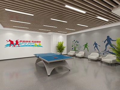 Indoor Sports Fitness Space With Table Tennis Table Sports Murals Green Plants White Chairs 3d model