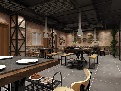 Industrial Style Restaurant Interior With Brick Walls Wooden Tables And Hanging Lights 3d model