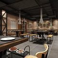Industrial Style Restaurant Interior With Brick Walls Wooden Tables And Hanging Lights