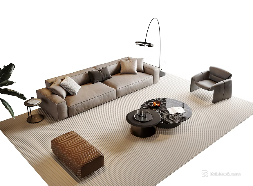Modern Beige Sofa and Coffee Table Set with Floor Lamp Armchair Ottoman and Rug 3d model 