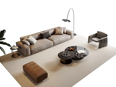 Modern Beige Sofa and Coffee Table Set with Floor Lamp Armchair Ottoman and Rug 3d model