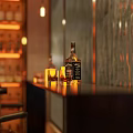 Bar Interior With Liquor Bottle Shelves Bar Counter High Stools Warm Lighting And Decorative Wall