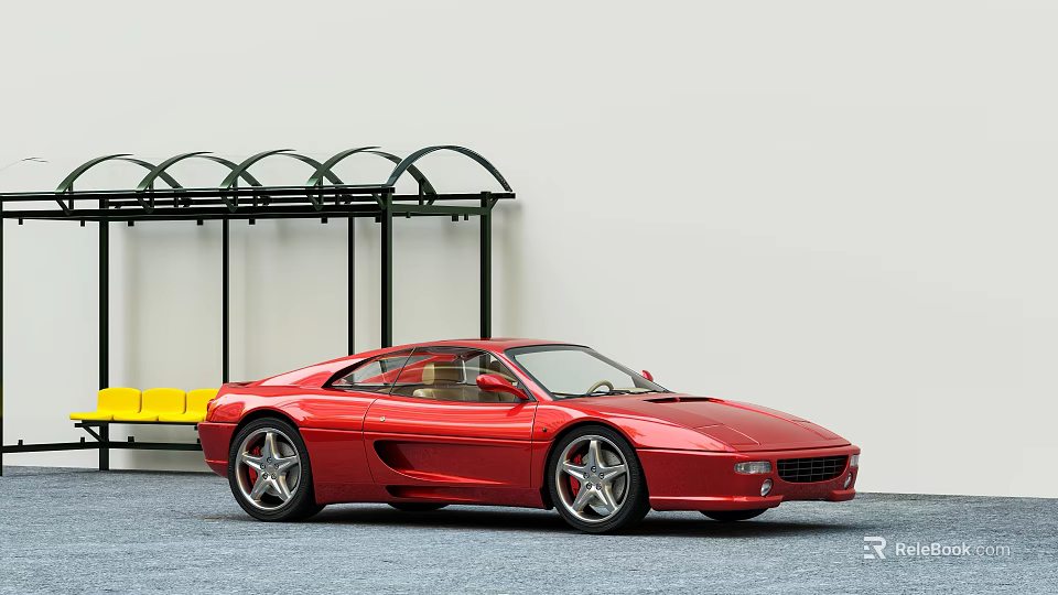 Red Sports Car Beside Bus Stop With Yellow Bench White Wall And Black Metal Shelter 3d model 