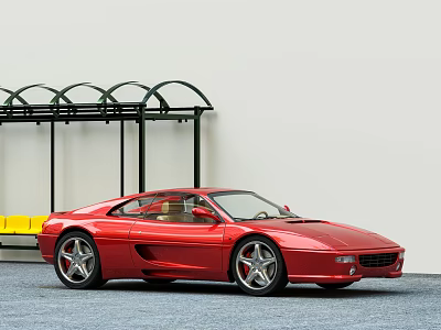 Red Sports Car Beside Bus Stop With Yellow Bench White Wall And Black Metal Shelter 3d model