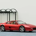 Red Sports Car Beside Bus Stop With Yellow Bench White Wall And Black Metal Shelter