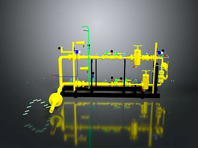 Industrial Yellow Piping System With Valves Supports And Green Components 3d model