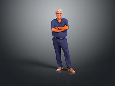 Senior Man in Blue Shirt and Blue Pants Standing With Arms Crossed Against Gray Background 3d model