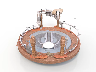 Rusty Industrial Circular Platform With Metal Pipes Mechanical Arm And Support Columns 3d model