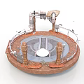 Rusty Industrial Circular Platform With Metal Pipes Mechanical Arm And Support Columns