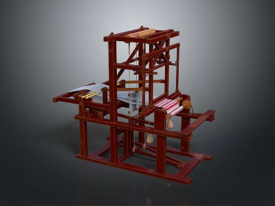 Traditional Wooden Weaving Loom With Intricate Frame And Working Parts 3d model