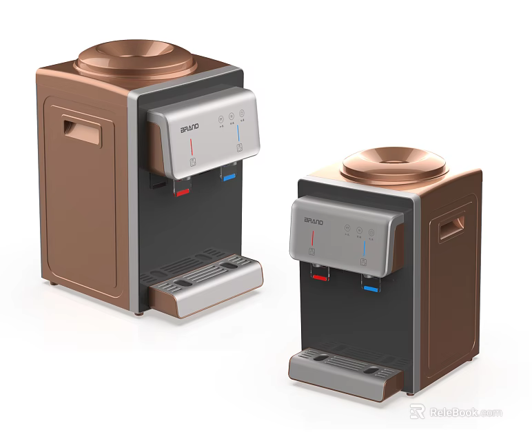 Modern Brown and Black Standing Water Dispensers with Silver Control Panels and Circular Top Lids 3d model 