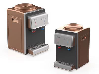 Modern Brown and Black Standing Water Dispensers with Silver Control Panels and Circular Top Lids 3d model