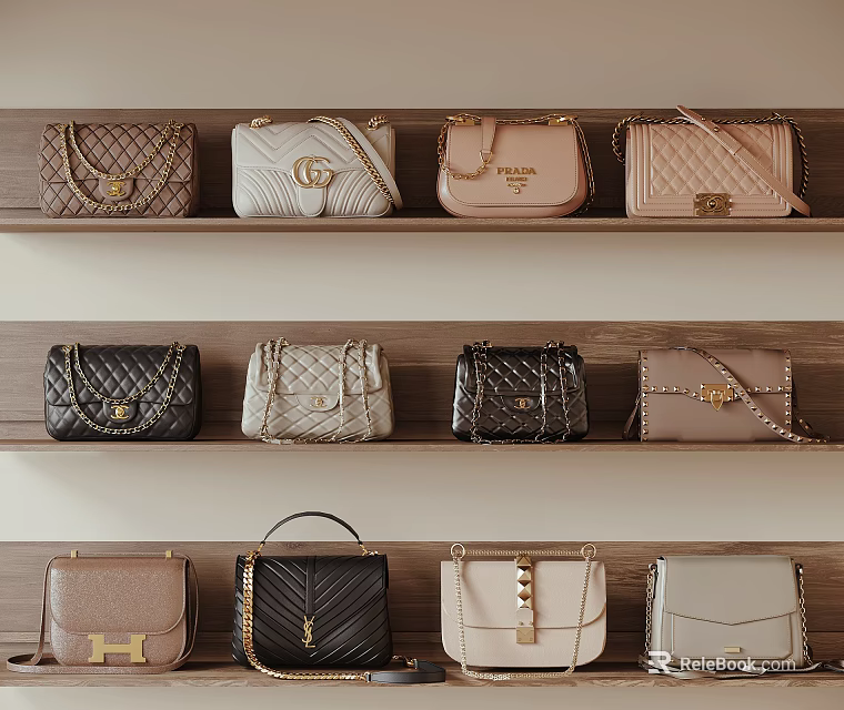 Stylish Leather Handbags Displayed on Wooden Shelves with Various Colors and Designs 3d model 
