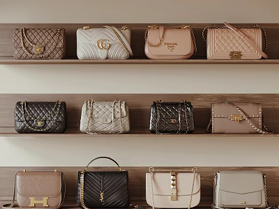 Stylish Leather Handbags Displayed on Wooden Shelves with Various Colors and Designs 3d model