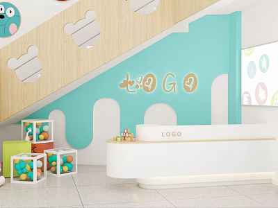 Vibrant Kindergarten With Light Blue Wall Cartoon Staircase White Reception Desk And Colorful Blocks 3d model