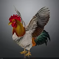 Vibrant Rooster With Red Comb Orange Throat White Body Green Red Tail Feathers Spread Wings