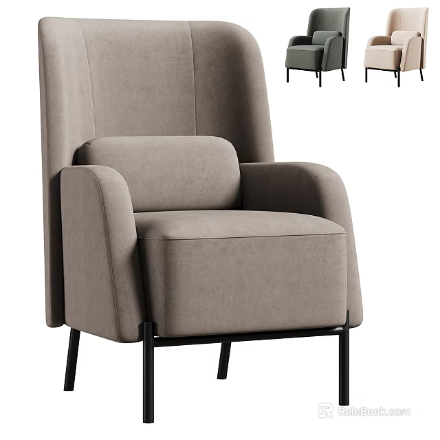 Modern Sofa and Coffee Table Set with Gray Green Beige Upholstered Armchairs Black Slim Legs 3d model 