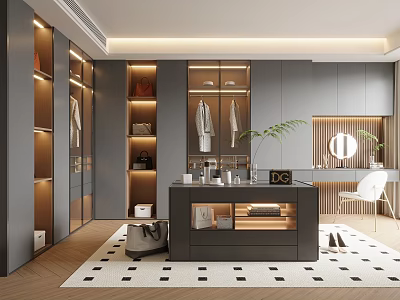 Modern Walk in Closet Interior Design With Cabinets Mirror Lighting And Dressing Table 3d model