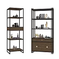 Modern Metal Frame Shelving Units With Glass Shelves Wooden Drawer And Decorative Items