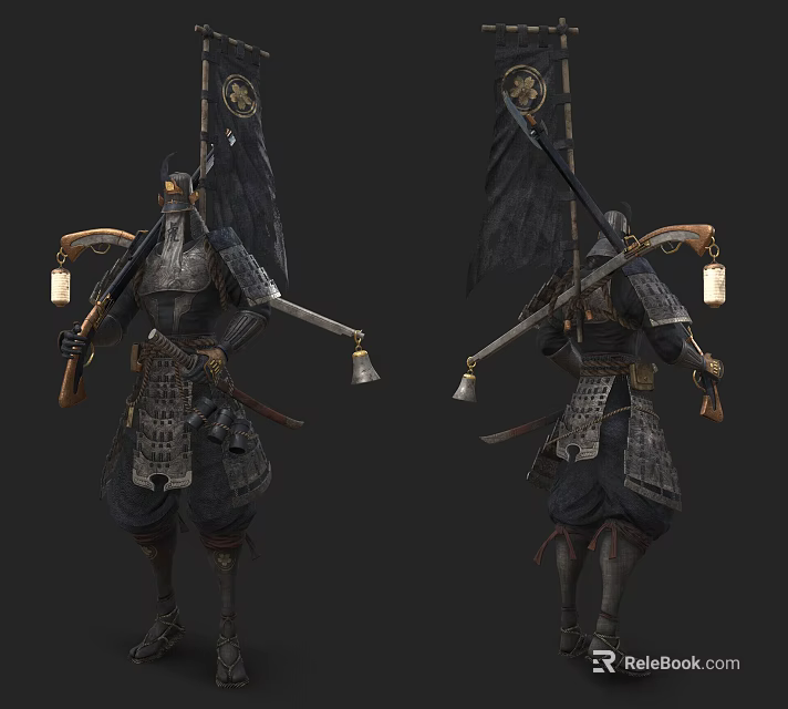 Game Movie Character Samurai Warrior With Traditional Armor Flag And Lantern Weapon Design 3d model