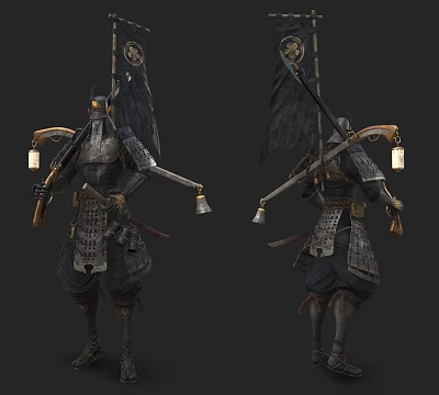 Game Movie Character Samurai Warrior With Traditional Armor Flag And Lantern Weapon Design 3d model