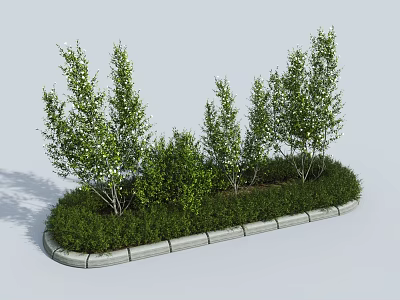 Green Leafy Bushes In Landscaped Area With Gray Curbstone Border And Various Heights 3d model