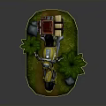 Yellow Motorcycle With Brown Luggage Bags On Green Grass Surrounded By Plants And Stone