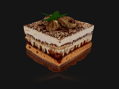 Delicious Layered Tiramisu Cake With Creamy Layers Cocoa Powder And Mint Leaf 3d model